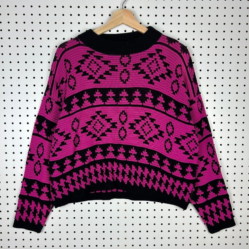 Vtg‎ 90s Aztec Pink Black Sweater Women's Medium USA Made Western Cropped Y2K
